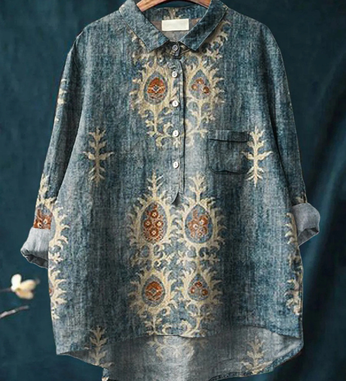 Růže | Ležérní dámská blůza s etnickým vintage květinovým potiskem