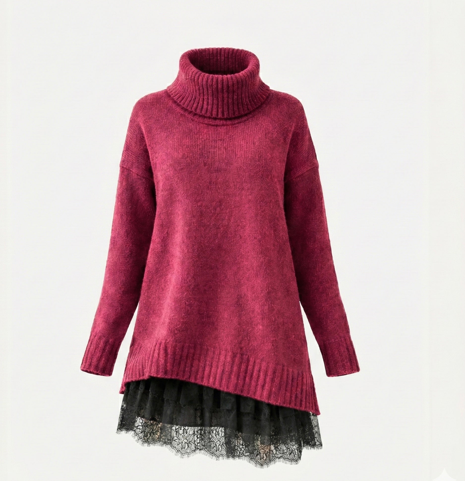 Sára | Luxusní pletené šaty s rolákem a krajkovým detailem
